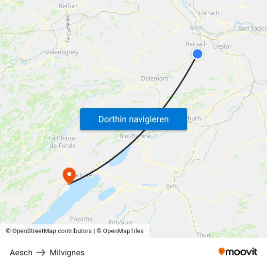 Aesch to Milvignes map