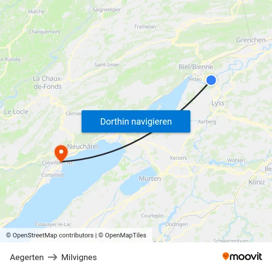 Aegerten to Milvignes map