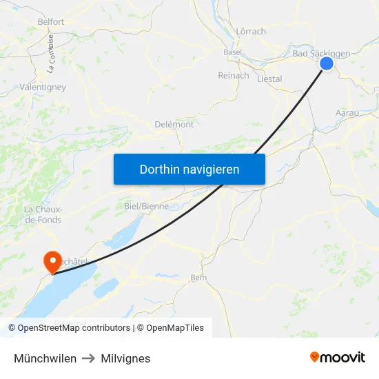 Münchwilen to Milvignes map