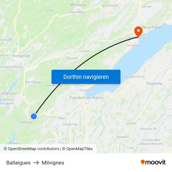 Ballaigues to Milvignes map