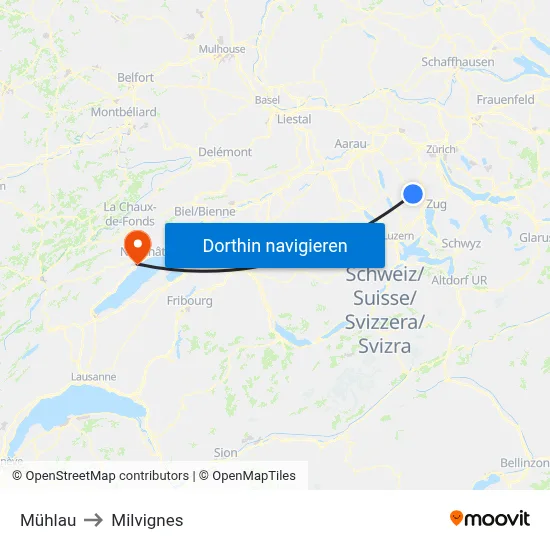 Mühlau to Milvignes map