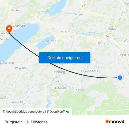 Burgistein to Milvignes map