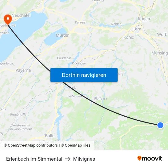 Erlenbach Im Simmental to Milvignes map