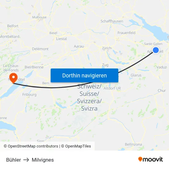 Bühler to Milvignes map