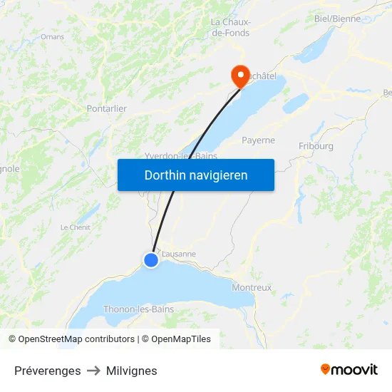 Préverenges to Milvignes map