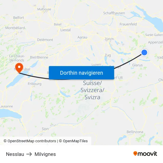 Nesslau to Milvignes map