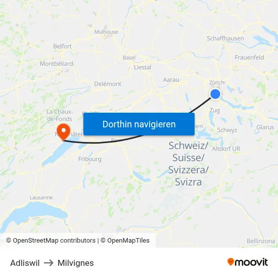 Adliswil to Milvignes map