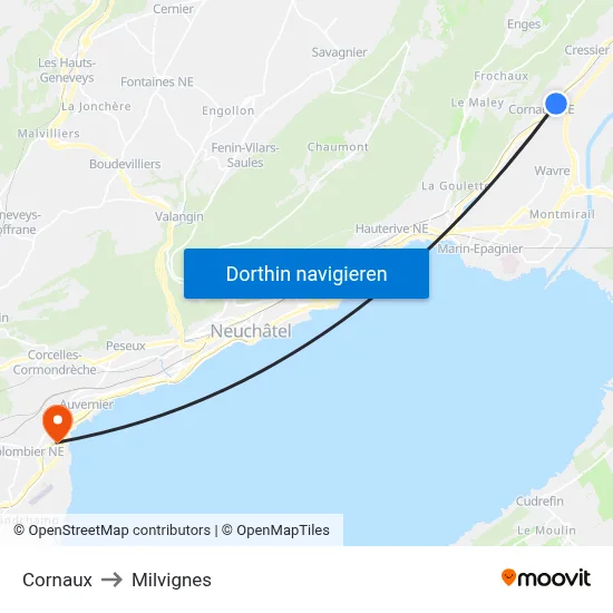 Cornaux to Milvignes map