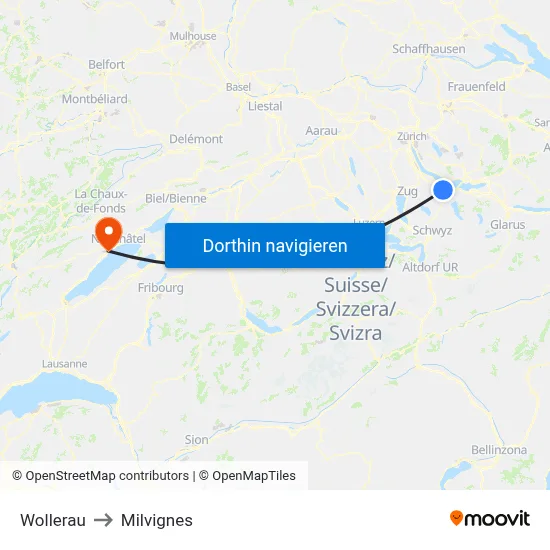 Wollerau to Milvignes map