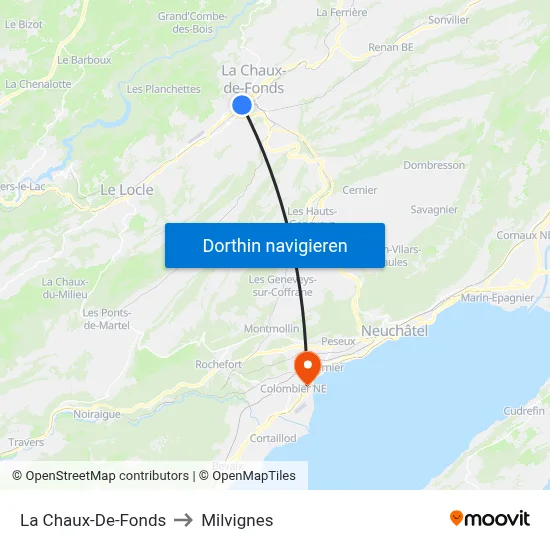 La Chaux-De-Fonds to Milvignes map