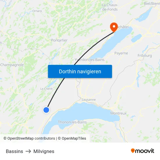 Bassins to Milvignes map