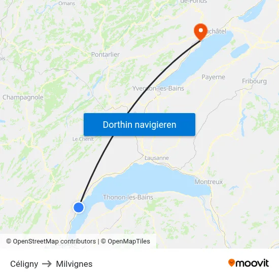 Céligny to Milvignes map