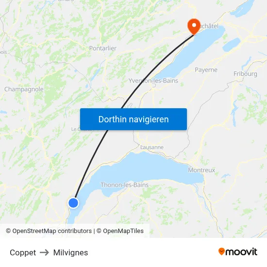 Coppet to Milvignes map