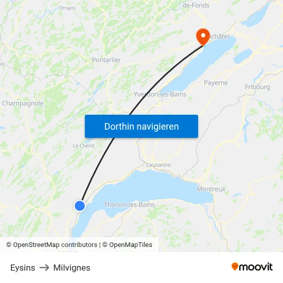 Eysins to Milvignes map