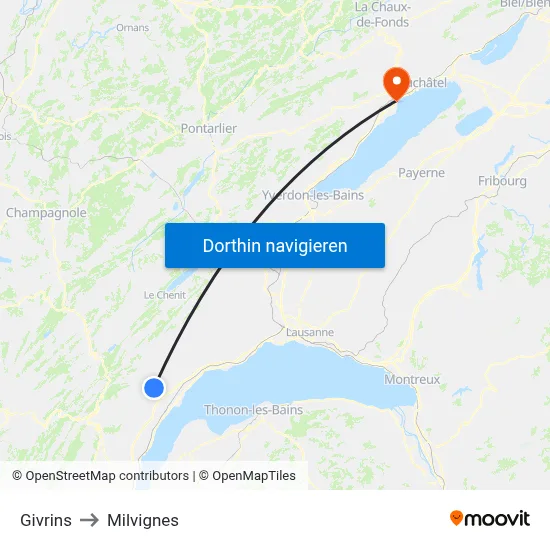 Givrins to Milvignes map