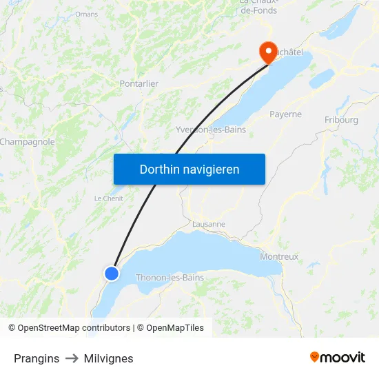 Prangins to Milvignes map