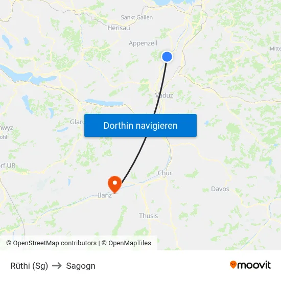 Rüthi (Sg) to Sagogn map