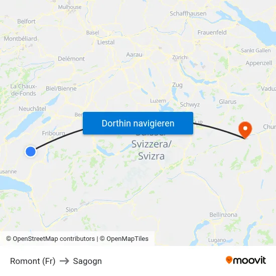 Romont (Fr) to Sagogn map