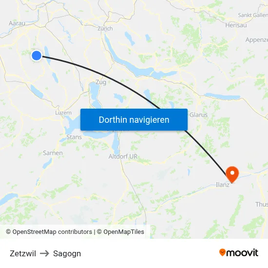 Zetzwil to Sagogn map