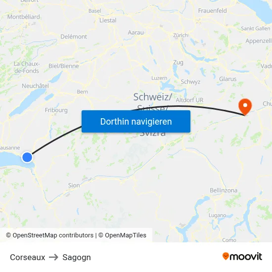Corseaux to Sagogn map
