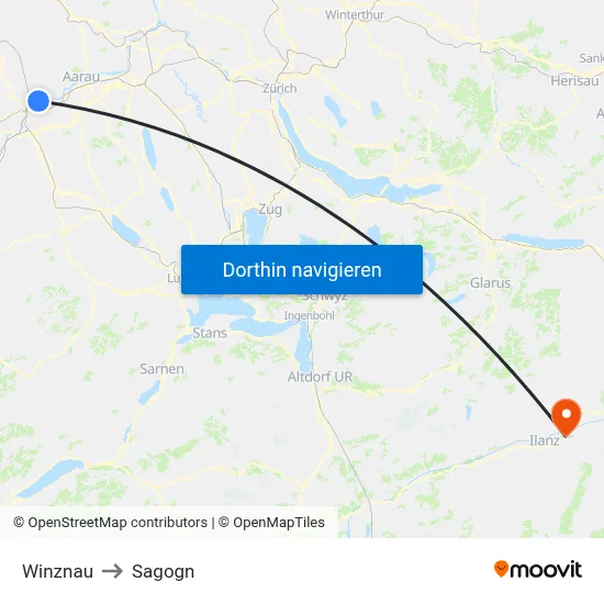Winznau to Sagogn map