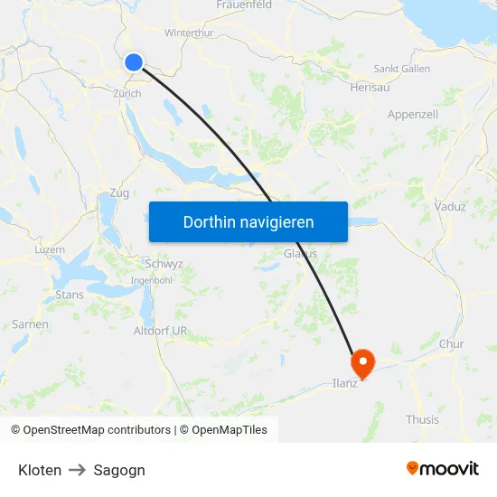 Kloten to Sagogn map