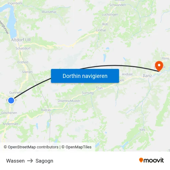 Wassen to Sagogn map