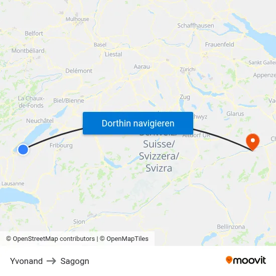 Yvonand to Sagogn map