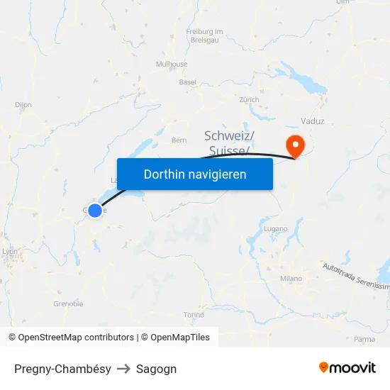 Pregny-Chambésy to Sagogn map