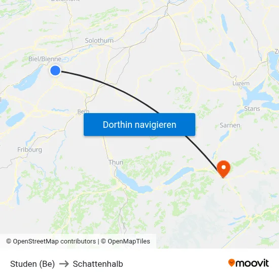 Studen (Be) to Schattenhalb map