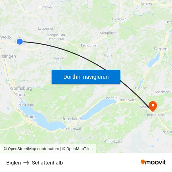 Biglen to Schattenhalb map