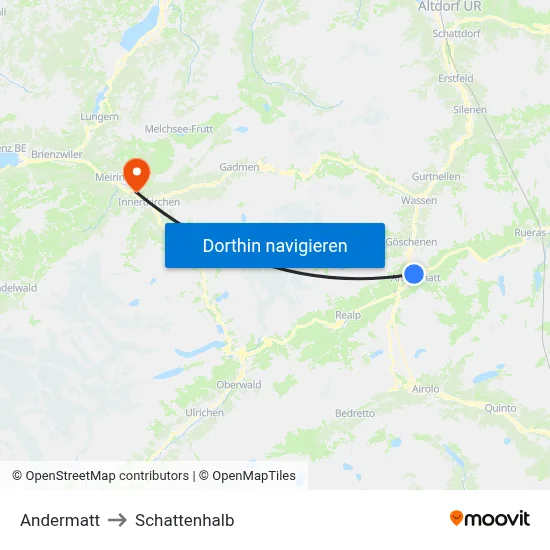 Andermatt to Schattenhalb map