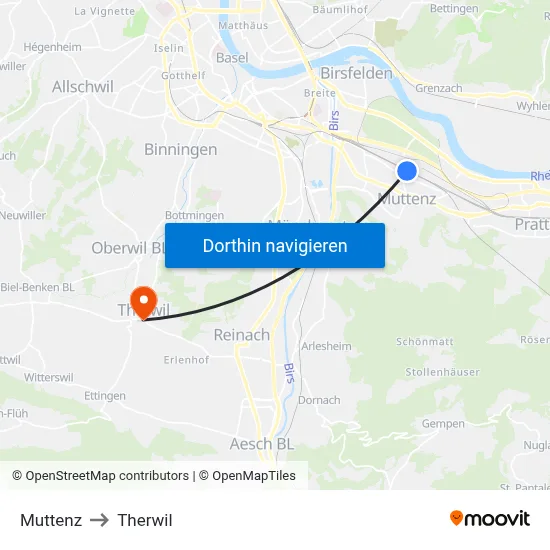 Muttenz to Therwil map