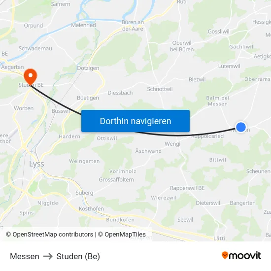Messen to Studen (Be) map