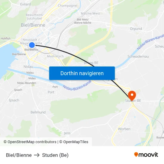 Biel/Bienne to Studen (Be) map