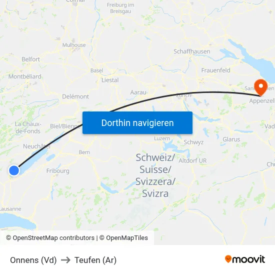 Onnens (Vd) to Teufen (Ar) map