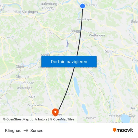 Klingnau to Sursee map