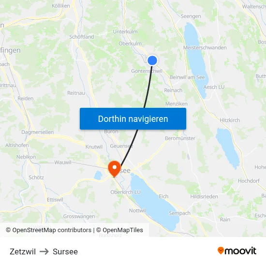 Zetzwil to Sursee map