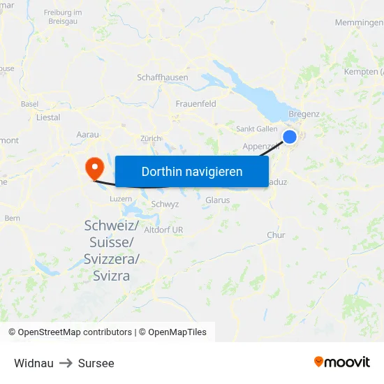 Widnau to Sursee map