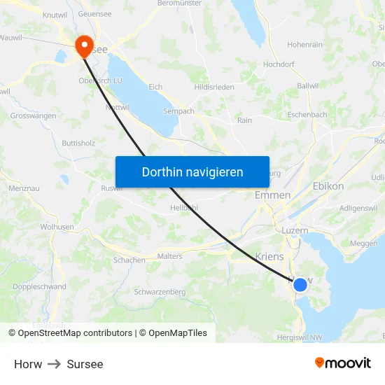 Horw to Sursee map