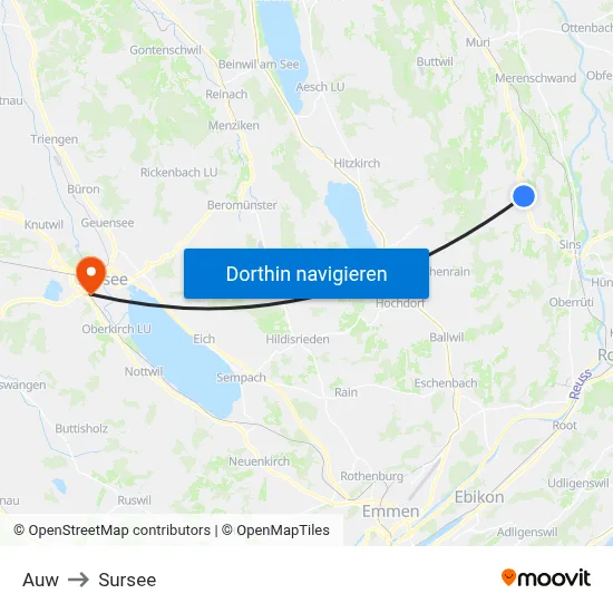 Auw to Sursee map