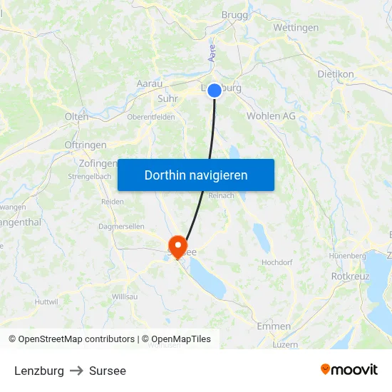 Lenzburg to Sursee map