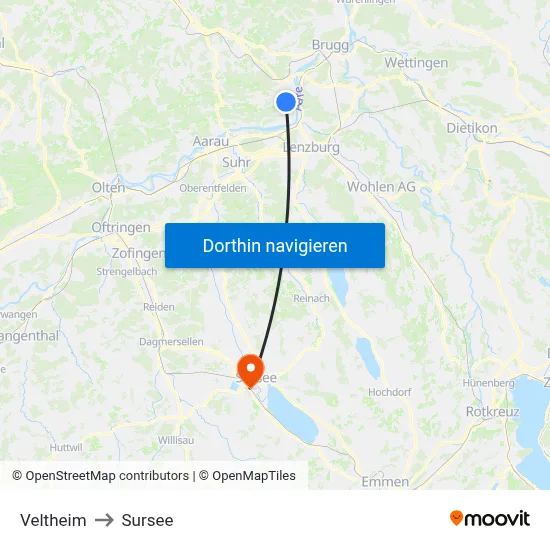 Veltheim to Sursee map