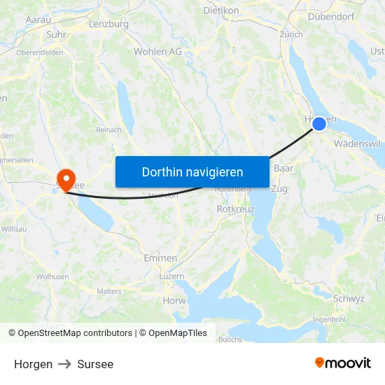 Horgen to Sursee map