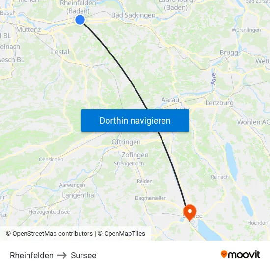 Rheinfelden to Sursee map