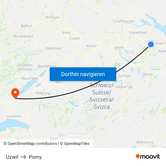 Uzwil to Pomy map