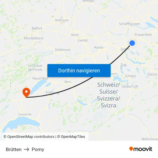 Brütten to Pomy map