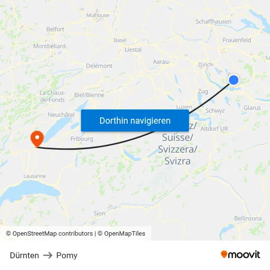 Dürnten to Pomy map