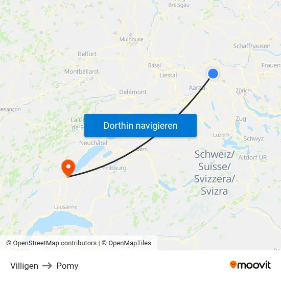 Villigen to Pomy map