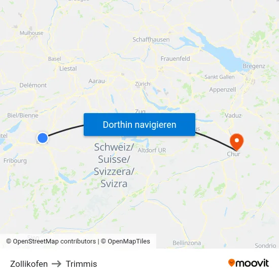 Zollikofen to Trimmis map